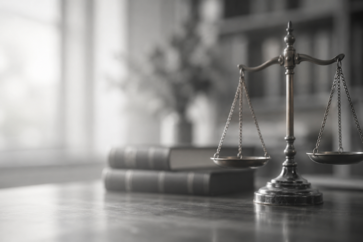 Balanza de la justicia y libros jurídicos en blanco y negro